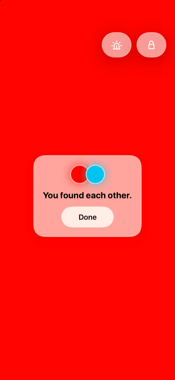 The ending card: two overlapping circles, Vermillion and Sky Cyan, above the words You found each other, and a Done button.