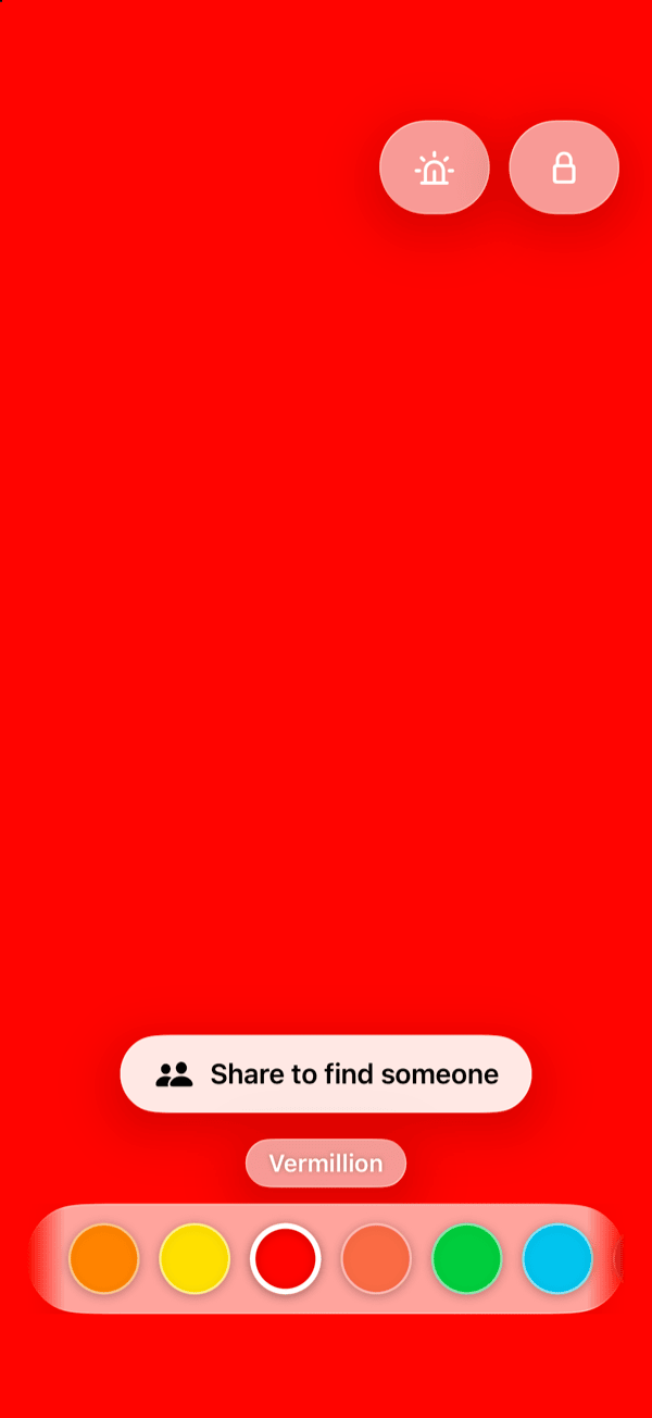 The app filling the screen with Vermillion, a Share to find someone button, and the color picker along the bottom.